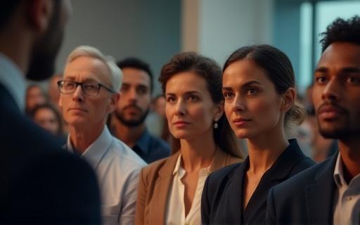 En grupp människor som lyssnar på en ledare.